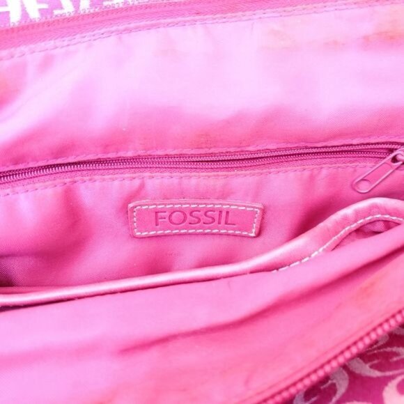 Vintage Fossil Pink Jacquard Shoulder Bag Magenta Signature Satchel Designer - Picture 7 of 9